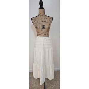 Good Luck Gem Tiered Maxi Skirt Cream NWT Textured Boho Peasant Drawstring Waist